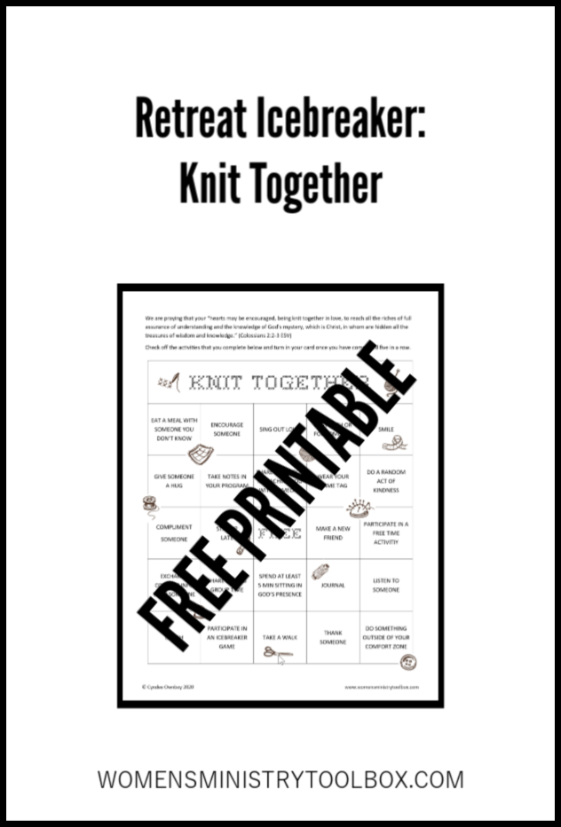 The retreat icebreaker, Knit Together, will encourage your women to connect and participate throughout your retreat weekend.